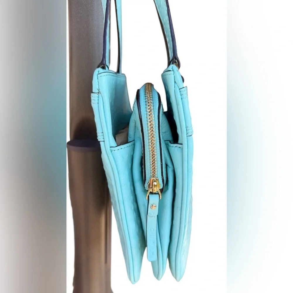 Kate Spade Robins Egg Blue Ostrich Design Embossed Leather W Bow Handbag 11x8 In
